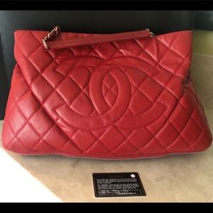 Chanel Red Quilted Caviar Leather Zip Around Tote